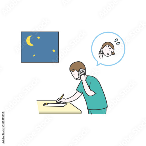 夜勤中に救急の電話対応を行う医療スタッフのイメージイラスト