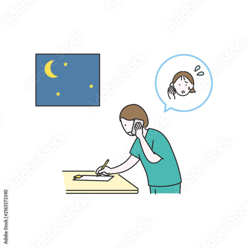 夜間に電話対応をしながら記録を行う介護スタッフのイメージイラスト