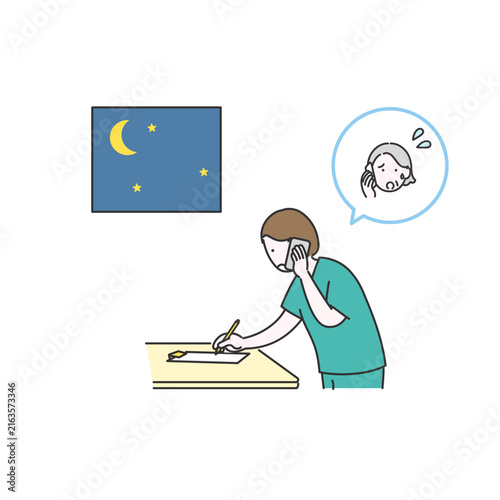 夜間の電話連絡を受け、聞き取りをする看護職員のイメージイラスト
