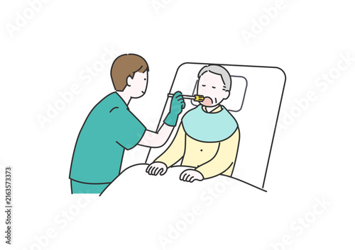 高齢者に口腔ケアを行う介護スタッフのイラスト