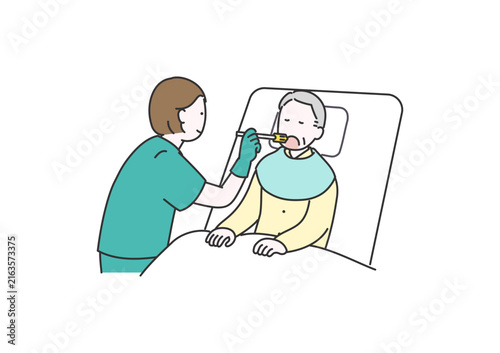 スポンジブラシで口腔ケアを行う介護スタッフのイラスト