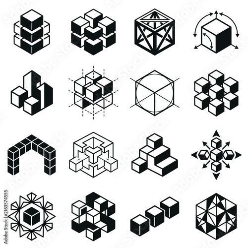 Collection of intricate geometric wireframe 3D objects in black.