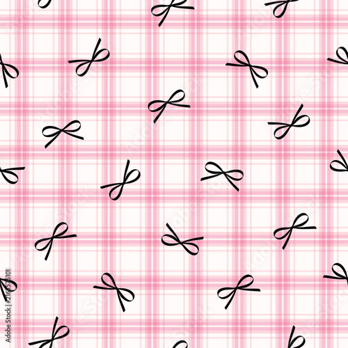 Cute black bow seamless pattern on pink plaid tartan background. Sweet feminine coquette vector repeat design for print.