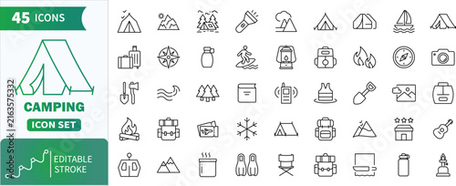 Camping line icon set with editable stroke. Set of line icons presenting various Camping, hiking, and outdoor adventure line icons vector set