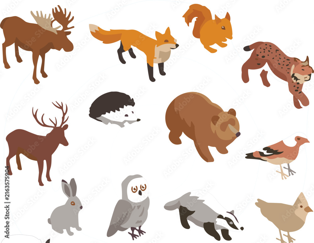 Obraz premium Woodland Forest Animal Set with Moose Fox Squirrel Lynx Deer Bear Hedgehog Owl Rabbit and Skunk Flat Vector Illustration