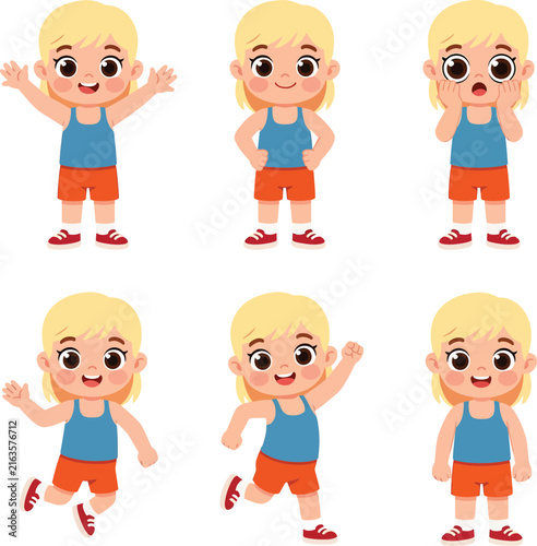 Cute blonde girl vector illustration set with six poses and expressions.