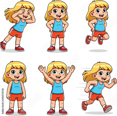 Cute blonde girl character set in various active poses running jumping and cheering isolated on white background