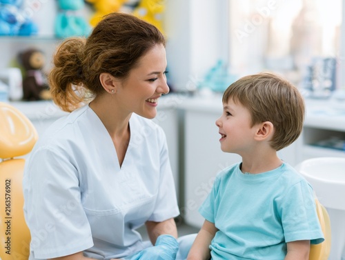 Female Pediatric Dentist Reassuring Smiling Boy Before Dental Checkup