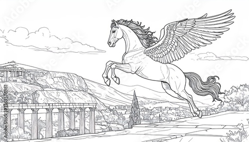 Winged Horse in Ancient Greek Landscape.