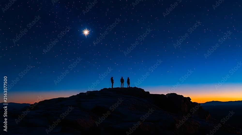 Fototapeta premium Silhouettes of three people standing on a rocky hill under a bright star in a twilight desert sky