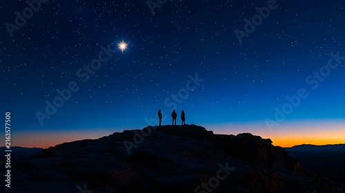 Silhouettes of three people standing on a rocky hill under a bright star in a twilight desert sky