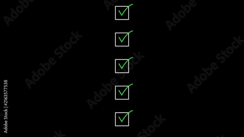 Vertical row of white check boxes with glowing green check marks isolated on black background, checklist concept