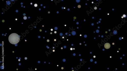Abstract floating colorful particles and bokeh dots on black background, night sky starfield concept