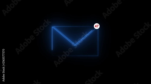 Glowing blue neon email envelope icon with a red 99 notification badge on a dark background, unread messages concept