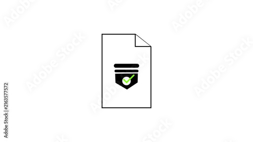 Minimalist document icon with a shield and green check mark on white background, verified file concept