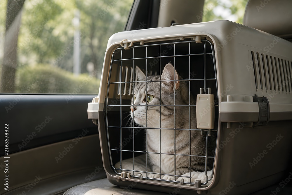 Fototapeta Cat Traveling in Pet Carrier on Car Seat