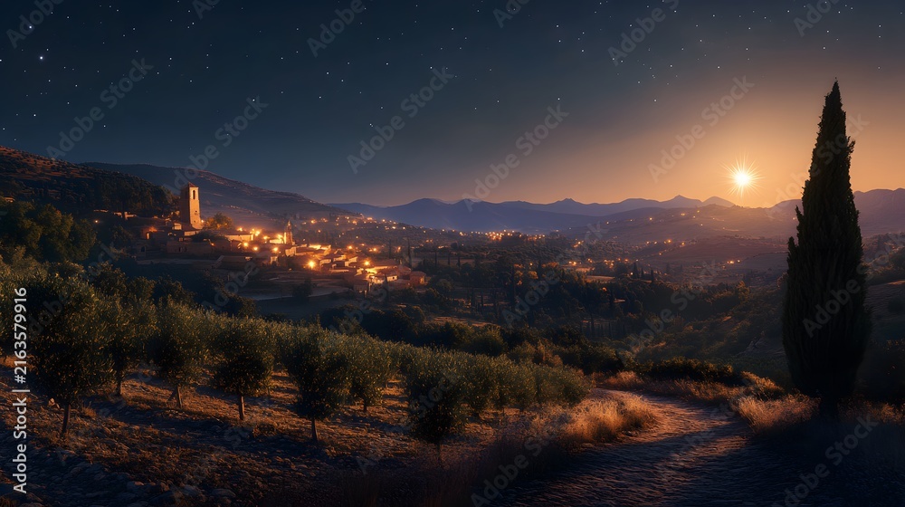 Obraz premium Ancient village at night with a bright star over the horizon and olive groves in the foreground