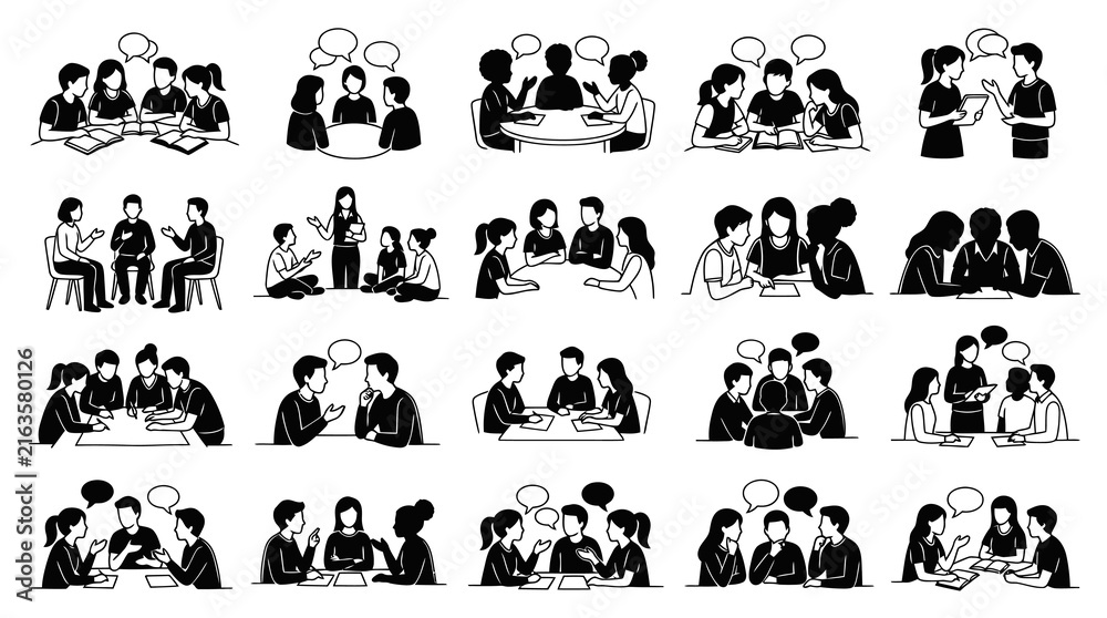 Fototapeta premium Black White Line Art: People Group Discussion, Communication, and Learning in Business Education