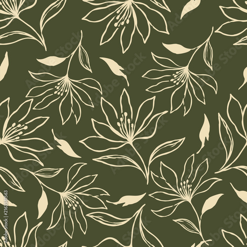Seamless elegant floral line art pattern with blooming flowers and leaves on dark olive green background, botanical nature surface design for fabric, wallpaper and packaging