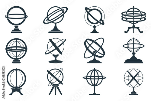Set of vintage armillary sphere vector icons on isolated white background
