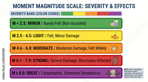 Bild auf Leinwand Moment Magnitude Scale Infographic With Color Coded Severity Bars