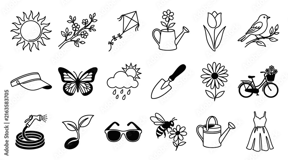 Fototapeta premium Spring Season Black and White Line Art Icon Set. Nature, Gardening, and Outdoor Elements Collection.