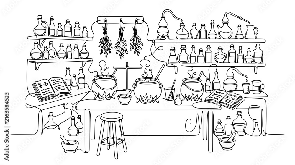 Fototapeta premium Hand-Drawn Alchemist's Laboratory with Bubbling Potions and Spell Books