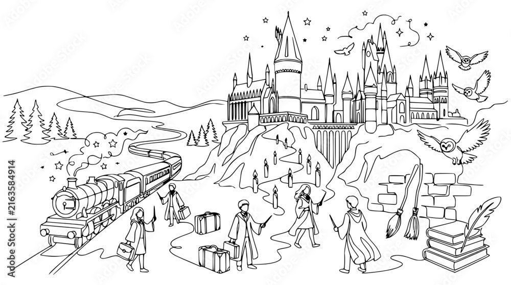 Fototapeta premium Magical Castle and Train Scene: Fantasy Illustration for Coloring