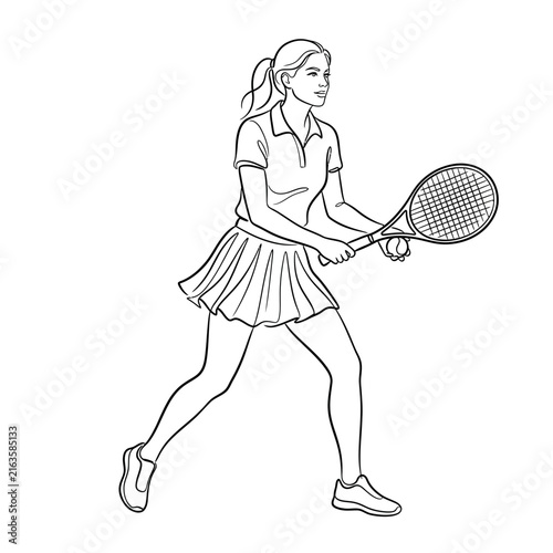 Woman playing tennis, holding racket and ball, in action pose