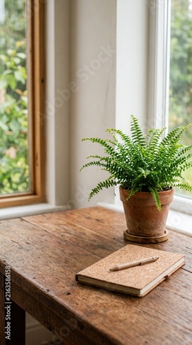 Potted fern and notebook on desk