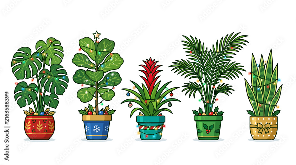 Fototapeta premium Christmas houseplant collection, 5 festive potted plants with holiday lights. Tropical indoor greenery set with monstera and palm. Winter home decor vector.