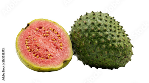 Fresh soursop fruit sliced open revealing creamy pink pulp seeds isolated studio photography against white background