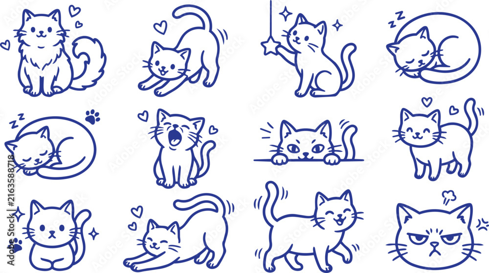 Fototapeta premium Cute cat character set expressing different emotions and poses