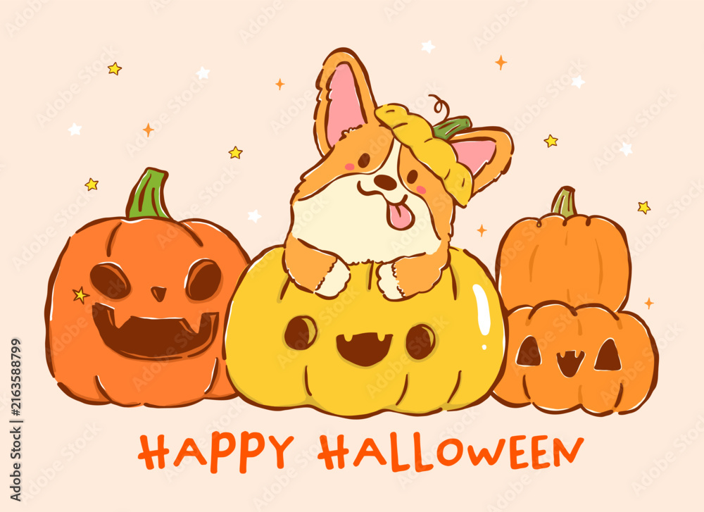 Fototapeta premium Cute kawaii Halloween corgi dog fall pumpkin playful hand drawn doodle