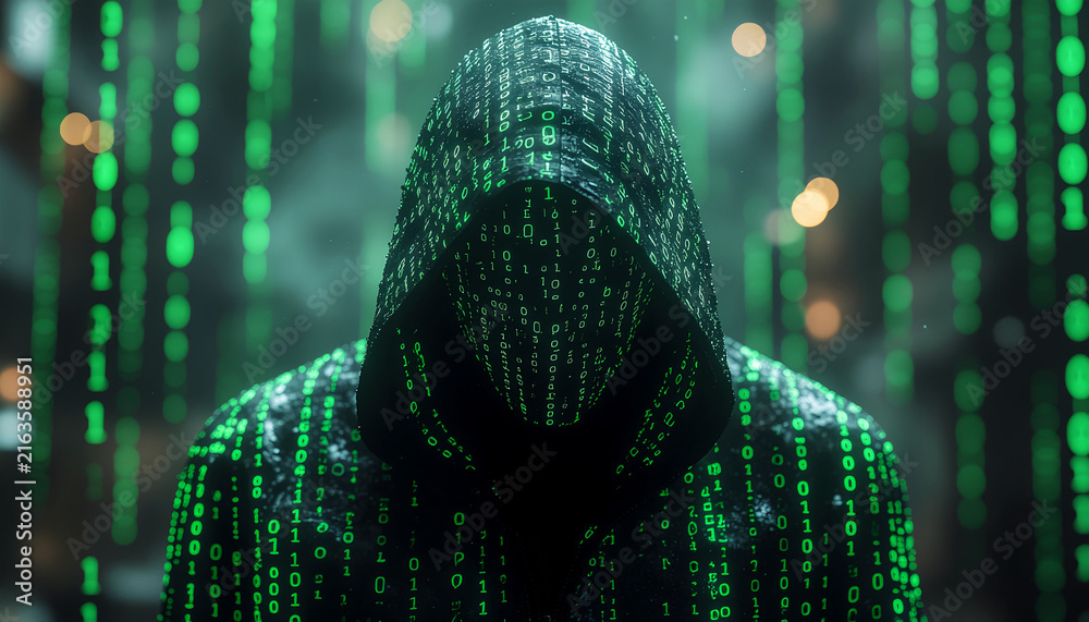 © Zubdatul - Hacker figure wearing a dark hoodie covered in glowing green binary code