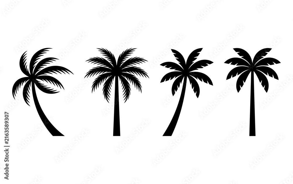 Fototapeta premium Black silhouette palm trees illustrating tropical island vegetation and summer nature scenery.