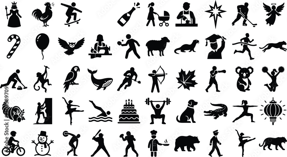 Obraz premium Set of black silhouette icons featuring various animals people sports activities food and holiday symbols for creative design projects and digital graphic illustrations