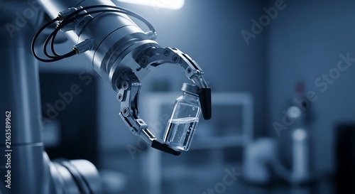 Robotic Arm Holding Small Glass Container in Laboratory