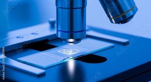 Modern Microscope Close Up of Glass Slide Under Magnification