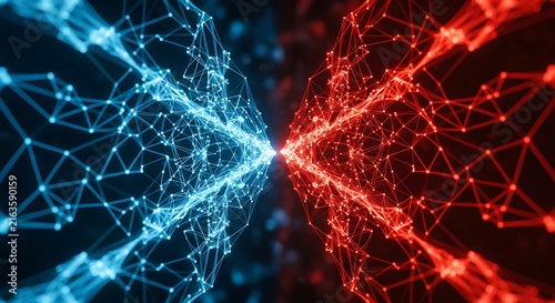 Blue and Red Network Connections Intersecting in Center