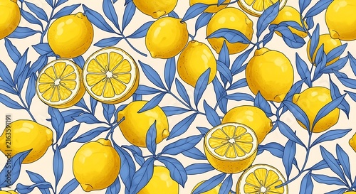 Bright Lemons with Blue Leaves Pattern