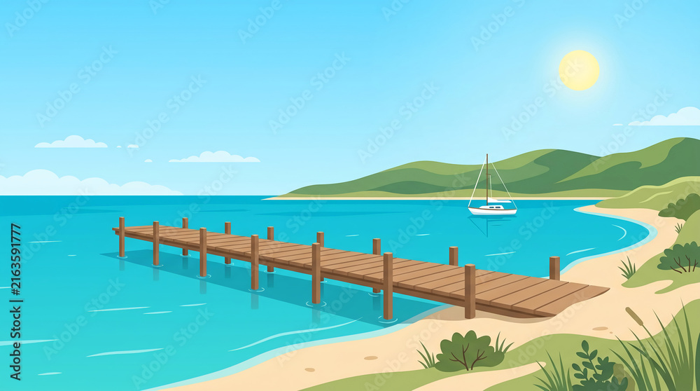 Naklejka premium Peaceful coastal harbor landscape with wooden pier turquoise ocean water sailboat and sunny sky vector.