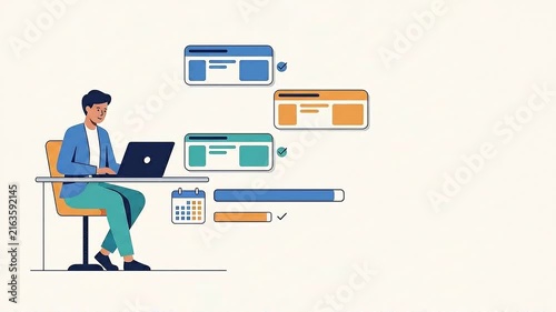 Person working on laptop with task lists in flat graphic style