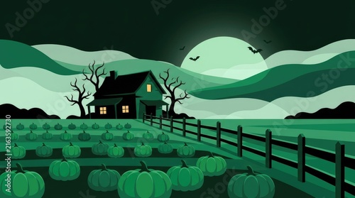 Halloween pumpkin patch at night with a dark house on a hill, wooden fence, bats flying, and a large glowing moon in a green misty sky
