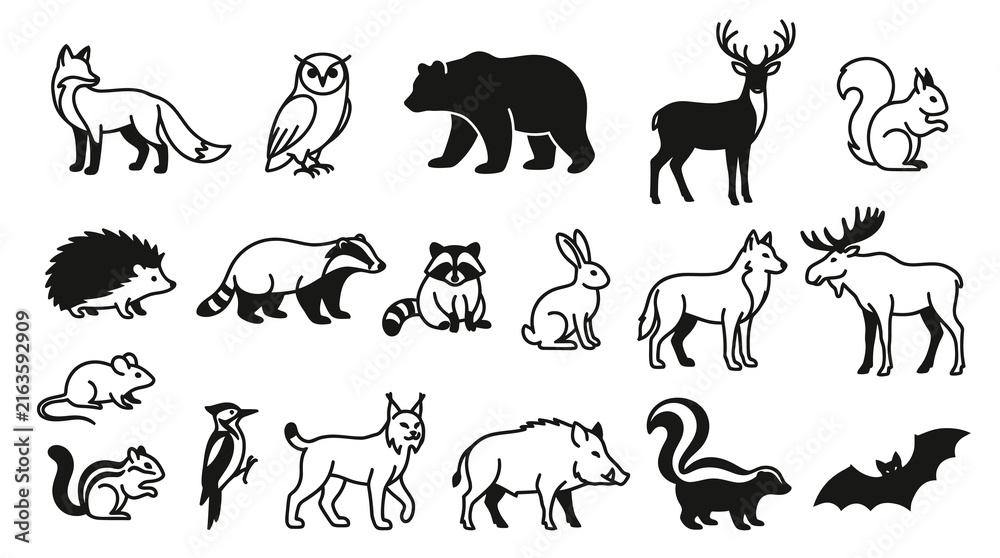 Fototapeta premium Black and White Line Art Wildlife Animals Icon Set, Nature Fauna Vector