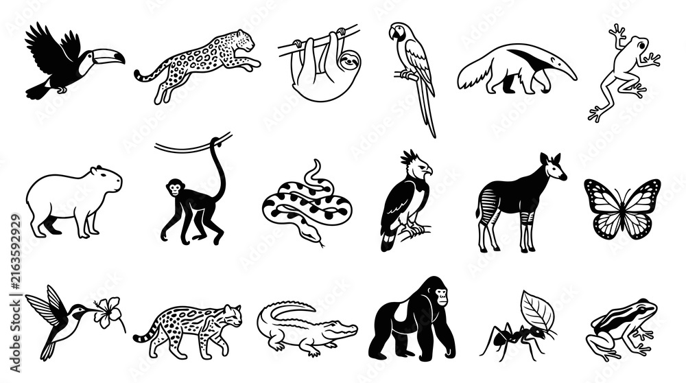 Naklejka premium Minimalist Black and White Line Art Icons of Diverse Jungle and Rainforest Animals Collection