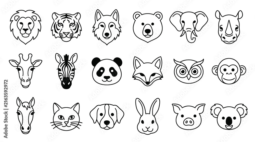 Naklejka premium Minimalist Black and White Line Art Animal Heads Icons Set. Wildlife Nature Outline Vector Illustrations.