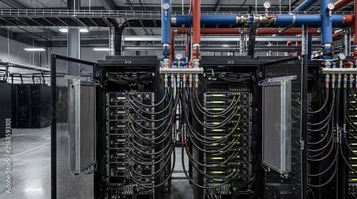 Open server racks in a data center facility displaying liquid cooling pipes overhead with red and blue supply lines connecting directly into internal high performance compute nodes.