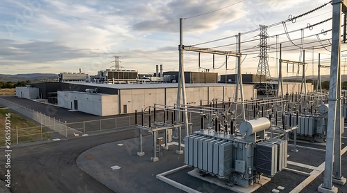 High angle outdoor shot of a high voltage electrical substation positioned next to a large data center facility, complete with power transformers, grid lines, and transmission towers.