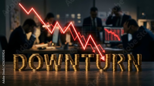 Economic downturn concept with illuminated letters and declining red line graph over blurred background